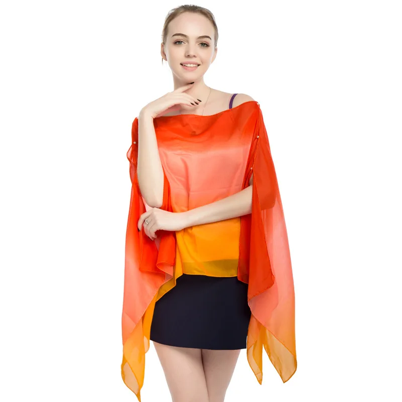 2022 Vară Stil Nou Sifon Femei Pulover Capul De Imprimare Gradient De Curcubeu De Protecție Solară Cape Doamna Poncho Pelerine Portocalii Imitație De Mătase0