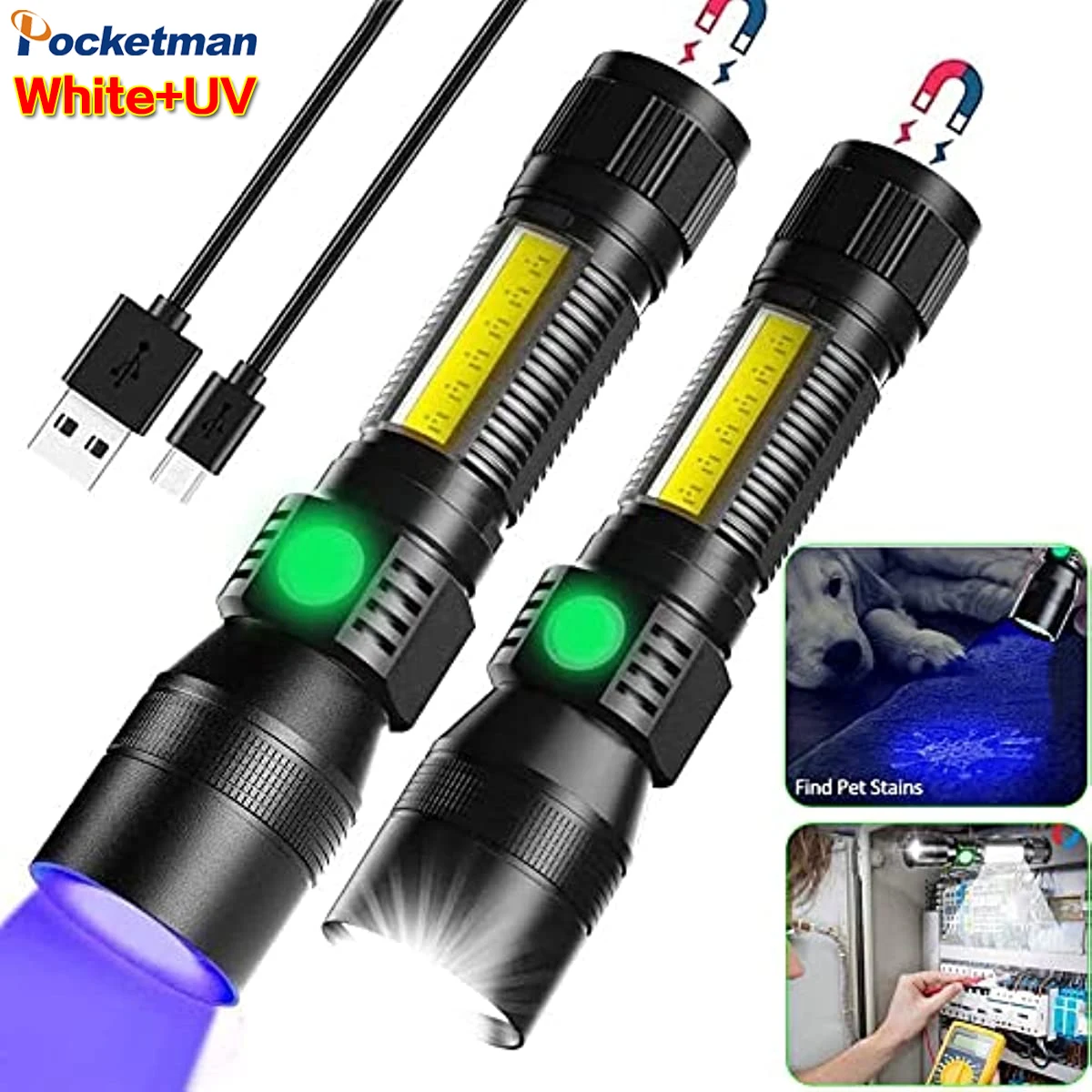 3in1 Super Bright LED-uri Lanterna Tactice USB Reîncărcabilă UV Blacklight Zoomable 7Modes Impermeabil Buzunar Roșu Alb de Lumină Torță0