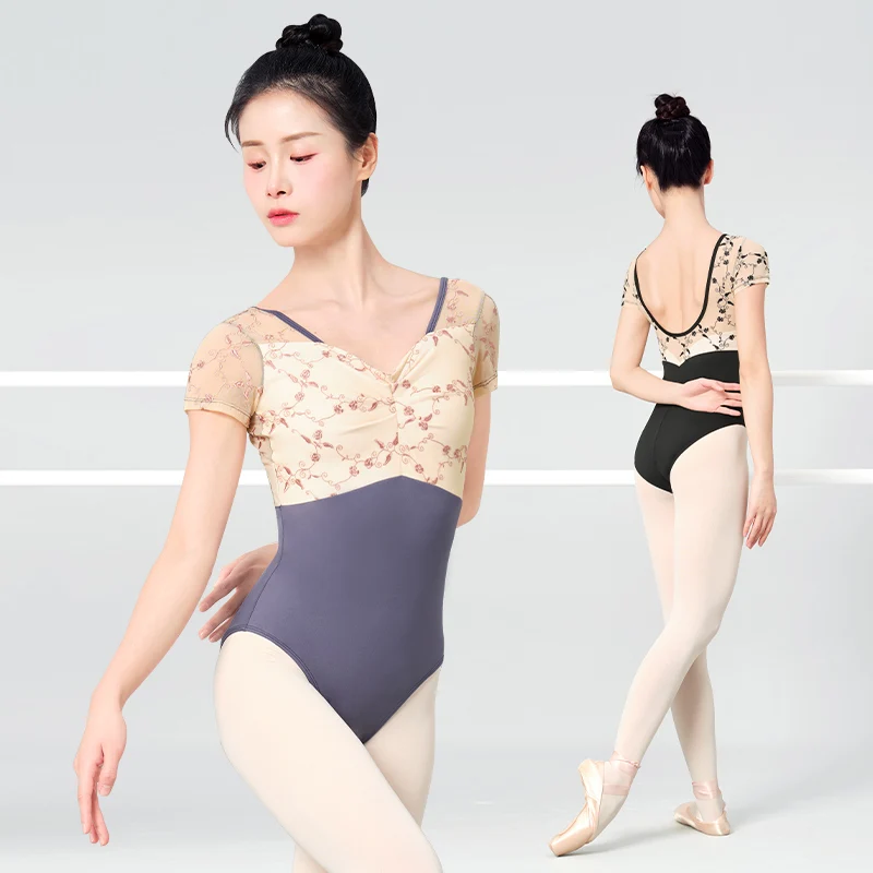Balet Tricouri pentru Femei Broderie Piața Guler Dans Tricouri Nailon Lipitură de Balet Body Maneca Scurta Gimnastica Tricouri0