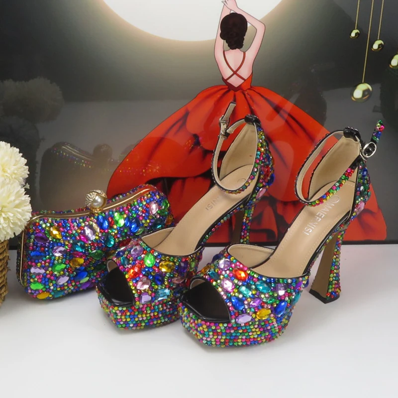 Brand de Cristal Multicolore Sandale de Vară de Pantofi de Mireasa si sac de Moda Sandale Cu Platforme Curea Glezna Fete Pantofi de Nunta0