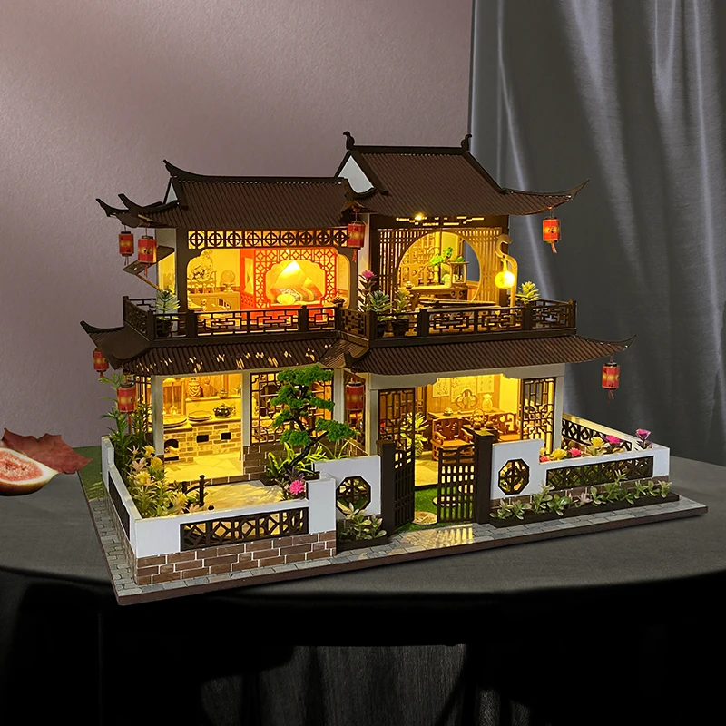 Diy Casa De Păpușă De Lemn Truse Model In Miniatura Cu Mobilier Lumini Stil Chinezesc Mari Vila Casa Vila De Păpuși Jucării Pentru Adulți Cadou0