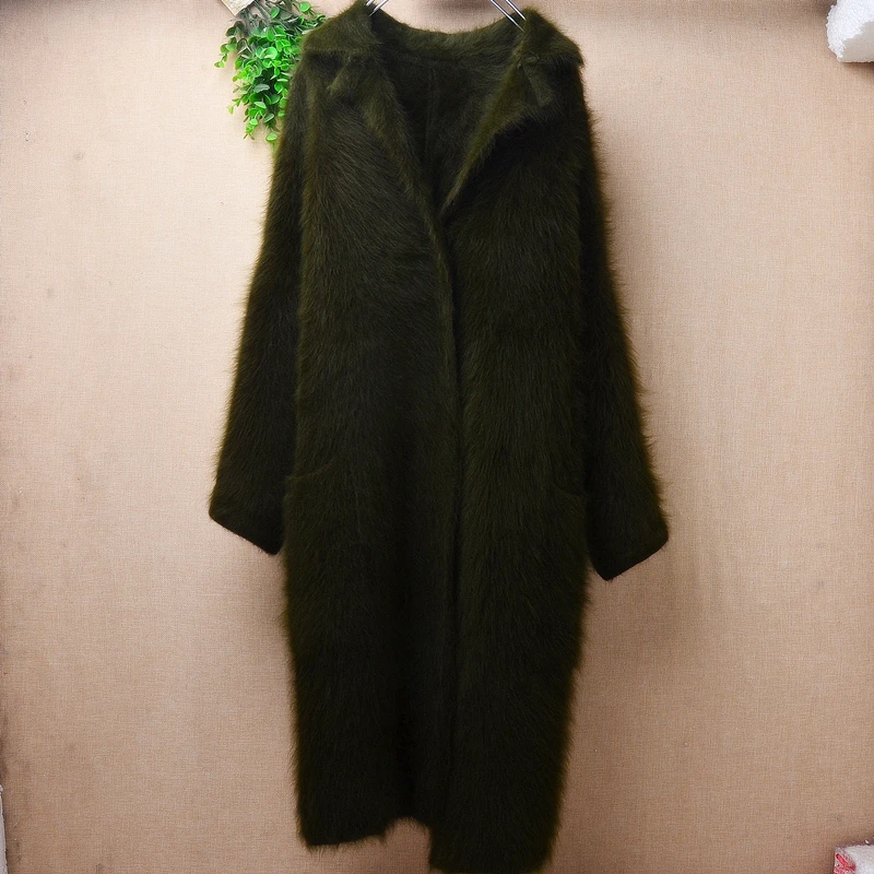 Femei De Moda De Primăvară Iarna Verde Păros De Pluș Nurca Cașmir Tricotate Mâneci Lungi Slim Lungi Pulover Cardigan Jacheta Haina0