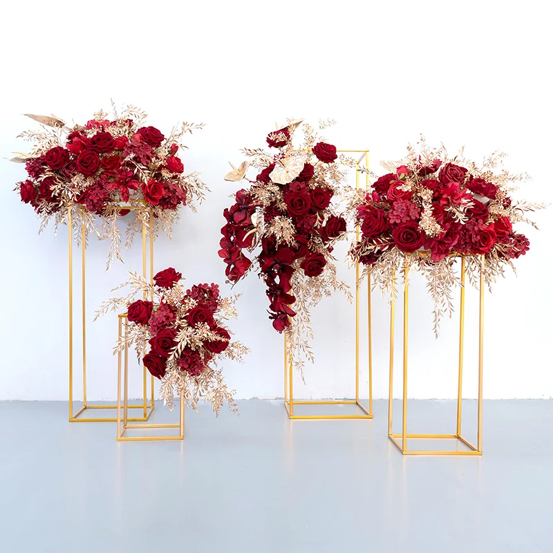 Flori artificiale pentru Decor Roșu, Rose de Aur Frunze Aranjament pentru Nunta Fundal Etapa Decor Duce Drumul Geometric Standuri0
