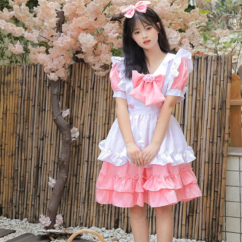 Noi Cosplay Lolita Maid Dress Super Drăguț Drăguț Roz Arc Menajera Scurt Fusta Set0