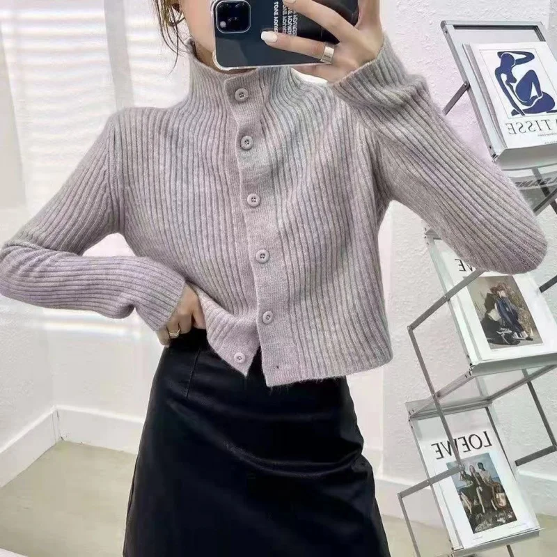 Noua versiunea coreeană maneci lungi tricotate cardigan scurt Design de top pieptul singur pulover haina0