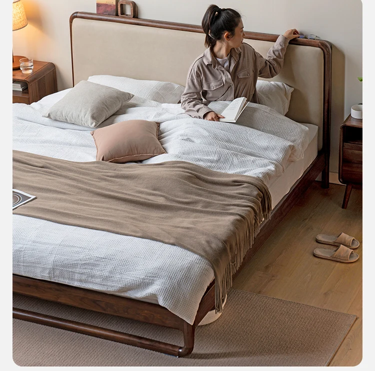 Personalizat Nord-American de nuc negru, lemn masiv, pat Nordic modern, simplu suspendat moale dormitor log mobilier pat Dublu personalizat0