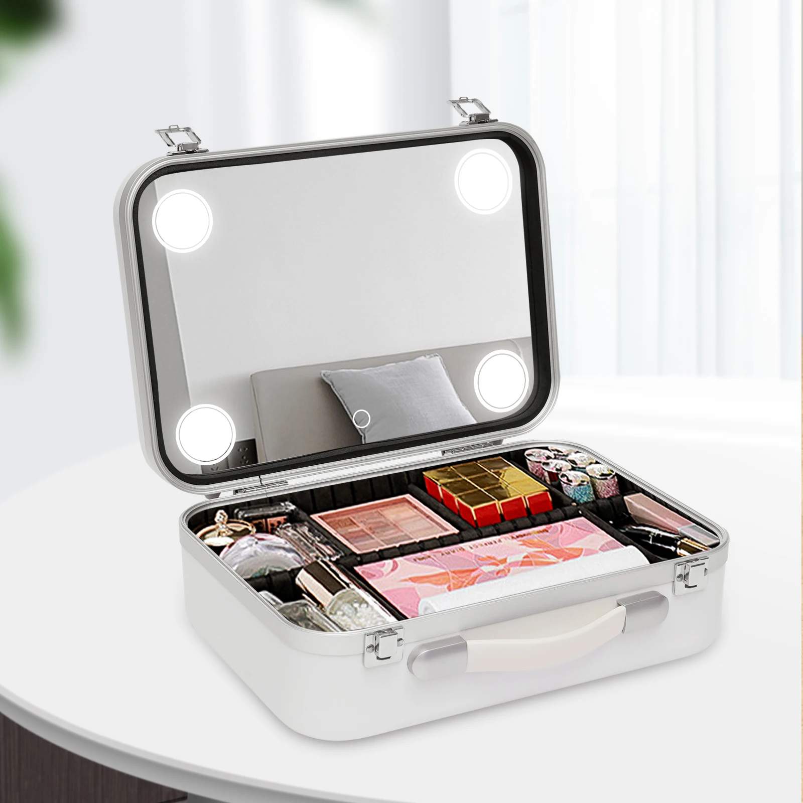 Portabile Organizator Cosmetice Machiaj Cutie de Depozitare 3-Nivel de Frumusețe Caz Multifunctional Cu LED-uri de Lumină și Oglindă0