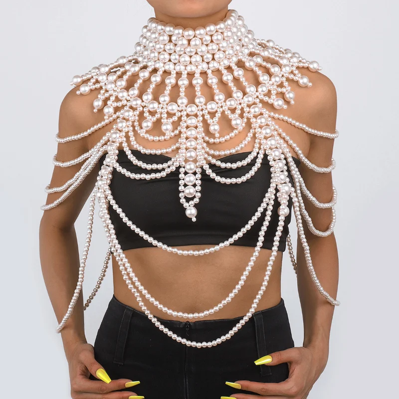 Retro Exagerat Scobite Perla Șal Sexy Perle Lanț de Corp Moda Umăr Colier Sutien pentru Costum de Bijuterii Petrecere de Dans0