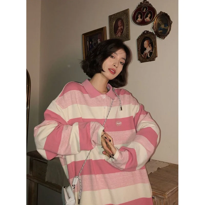 Roz Cu Dungi Tricouri Fetele Harajuku Moda Coreeană Supradimensionat Maneca Lunga Tricouri Femei Kawaii Stil Preppy Bază Tees0