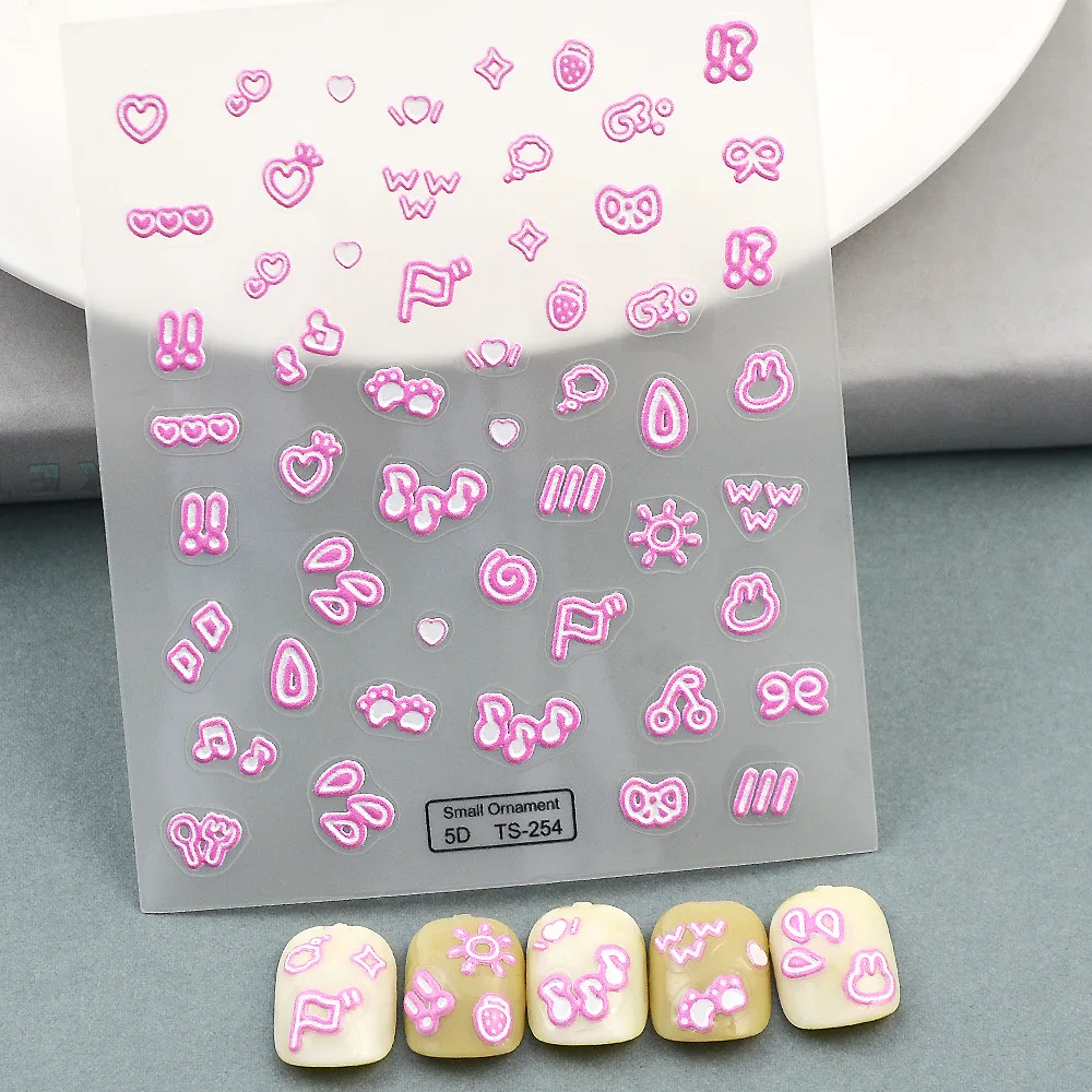 Roz Serie Relief Nail Art Sticker 5D Adolescente Kawaii Model Decor Design Ultra Subțire Farmec Glisante Manichiura Decalcomanii de Unghii Sfaturi0