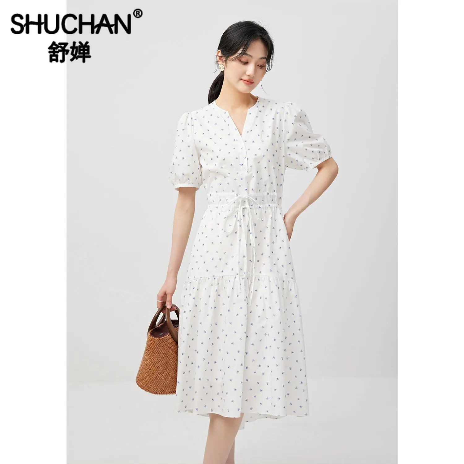 Shuchan Imprimare Femei Rochie Sfoara din Bumbac 100% O-LINIE Mijlocul lunii Vițel Puff Sleeve V-Neck Vestidos Elegantes Para Mujer0