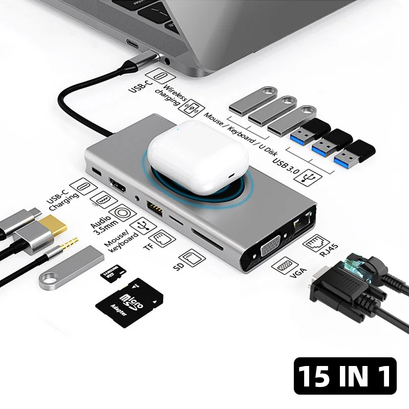 Tip C Hub USB Adaptor Docking Station Tip C Hub La HDMI compatibil cu 100W de Încărcare Wireless USB 3.0 Adaptor Laptop Accesorii0