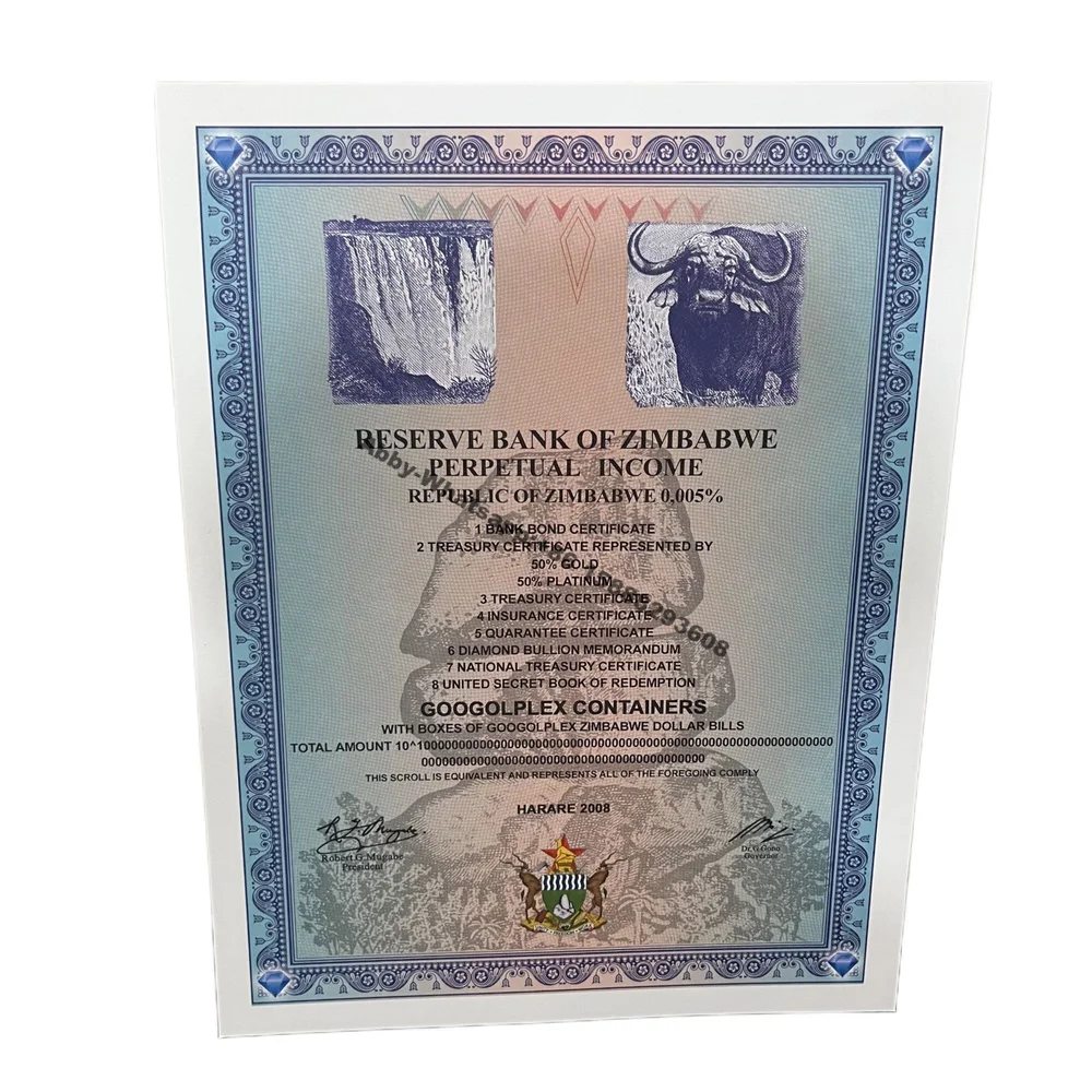 Zimbabwe Certificat de Bancnote Googolplex Containere Serie de parcurgere obligațiuni cu UV Anti-contrafacere transport gratuit prin ups/fedex0