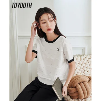 Toyouth Femei T-shirt 2023 Vara cu Maneci Scurte Gât O Întindere Liber Tricotaje Brodate Hollow-out Alb Casual Chic Topuri