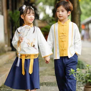 Chineză Minunat Cosplay Tang Costum Fete Hanfu Broderie De Bumbac Baieti Efectua Costume Copii Fotografia Tradițională Îmbrăcăminte