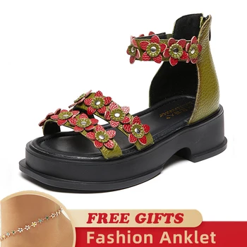 2023 Retro Femei De Vară Flori Sandale Din Piele, Sandale Pantofi Casual Cu Toc Pene Sandale Cu Platforma Pantofi Femeie