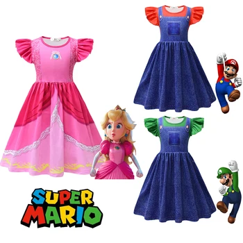 Noi de Desene animate Super Mario Bros Printesa Peach Dress Cosplay 3-8 vechi Fete Drăguț de Performanță Festival Petrecere Rochie de până Rochie de Printesa