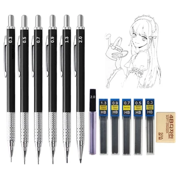 Full Black Metal Creioane Mecanice Set HB Duce 0.3 0.5 0.7 0.9 1.3 2.0 mm Retractabil Schiță Creion cu Radieră Rechizite Școlare