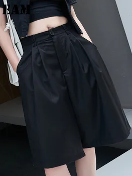 [MEM] Talie Mare Negru Plisată Buzunare Buton de Genunchi Lungime Pantaloni Noi Vrac se Potrivi Pantaloni de Femei de Moda, Valul de Vară 2023 1DF4665