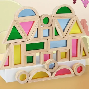 Montessori Din Lemn Jucărie Senzorială Curcubeu Oglindă Blocuri De Lemn De Stivuire Pentru Copii Acril Clădire Stacker Joc Educativ Cadouri Decor