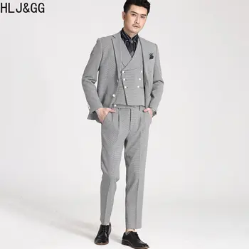 HLJ&GG de Înaltă Calitate de Om Sacou Vesta Pantaloni Trei Seturi de Piese Britanic Retro Stil Culoare Solidă Slim 3pcs Utilaje pentru Om Nou