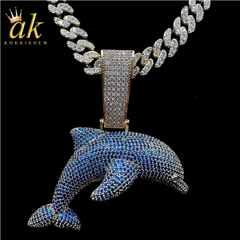 Aokaishen Iced Out Blue Dolphin Pandantiv Colier Real Placat Cu Aur De Bijuterii Hip Hop Farmecul Unic Trend
