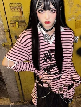 Deeptown Y2k Gotic Goth Punk Harajuku Tricou Cu Dungi Grunge Streetwear Hip Hop High Street Teuri 2023 Toamna Topuri Cu Maneci Lungi
