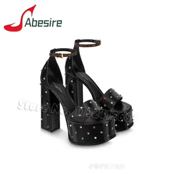 Bling Cristal Sandale cu Platforma pentru Femei Pătrat Negru Deschis Deget de la picior Glezna cu Cataramă Tocuri Înalte de Moda de Vara Indesata Toc Pantofi pentru Femei