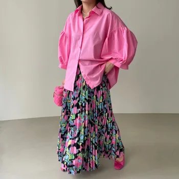 Design coreean sens Felinar mâneci largi tricou roz plisata fusta costum