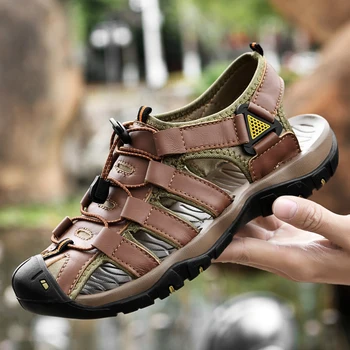 Mens Sandale De Vară Fierbinte De Vânzare Respirabil Barbati Pantofi Din Piele Handmade Casual Pantofi Pentru Bărbați De A Proteja Degetele De La Picioare Solid Negru Sandale Barbati