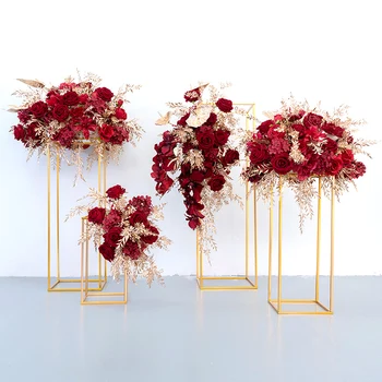 Flori artificiale pentru Decor Roșu, Rose de Aur Frunze Aranjament pentru Nunta Fundal Etapa Decor Duce Drumul Geometric Standuri