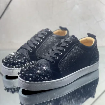 Designer de lux din Piele Neagra Fundul Rosu Nituri Blaturi mici Pantofi Pentru Barbati Casual Balerini Mocasini Femei Diamante de Cristal Adidași