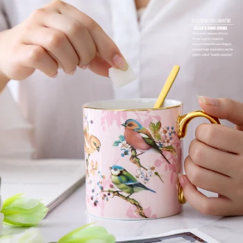 Europene Bone China Cana pastorală roz flori și păsări după-amiază de ceai ceașcă de ceai lingură de cafea cana cutie cadou set de baut