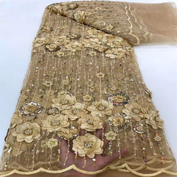 Noi plasă de Dantelă cu paiete brodate pânză 3D frunze de trei-dimensional florale tul de moda rochie de mireasa tesatura