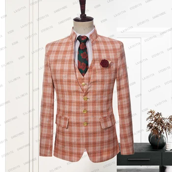 2023 Nou Brand High-end pentru Bărbați Îmbrăcăminte Formală Business Casual Portocaliu Clasic Carouri Bărbați Lenjerie Costum Petrecere de Nunta Jacheta Tuxedo
