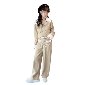 Primavara Toamna Fete de Moda Set de Două Piese Adolescente la două Rânduri Sacou și Pantaloni Largi Picior Costume de 5-14 ani Copii Îmbrăcăminte coreeană