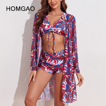 HOMGAO Imprimare Sexy 3 Piece Bikini Cu Capac Pentru Femei costum de Baie Push-Up cu Cordon Costume de baie Boyshort Plaja Braziliană Biquini