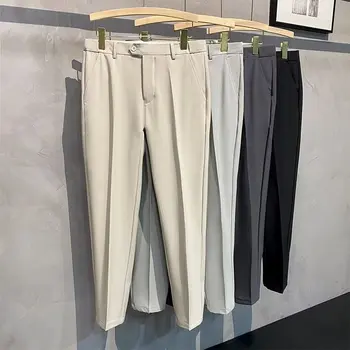 Vara Pantaloni de Culoare Solidă pentru Bărbați Non călcat Con Set Pantaloni coreeană Versiunea Slim Fit Ascunse Elastic Talie Mică Picioare Pantaloni Casual