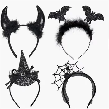 Noutatea Negru De Halloween Bentita Cosplay Cerc Păr Gotic Corn De Diavol Bentita Paianjen Voal Masca Hairband Petrecere, Accesorii De Par