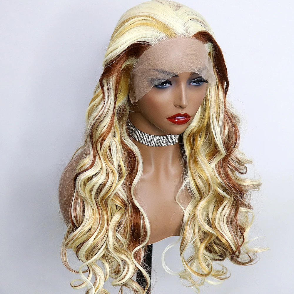 30 Inch Evidenția Blonda Culoare Glueless 13x4 Sintetice Dantelă Față Pre Smuls Corp Transparent Val Cosplay Peruci Pentru Femeile 180%1