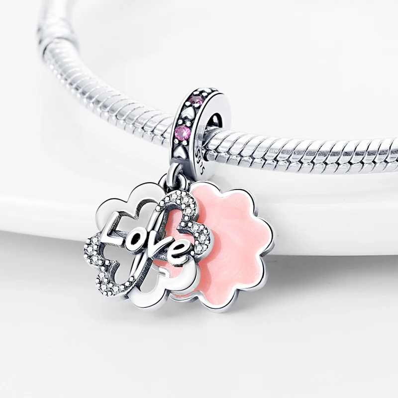 925 de Argint culoare Roz in forma de inima flori duble farmec se potrivesc Pandora argint 925 original brățară farmec pentru femei cadouri bijuterii Diy1