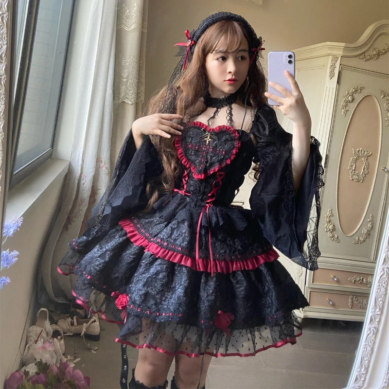 Dark Gothic Lolita Rochii Stil Victorian Femei Dantelă Ștreangul De Gât Bandaj Corset Jsk Rochie De Moda Japoneză Vacanță Rochie De Petrecere1