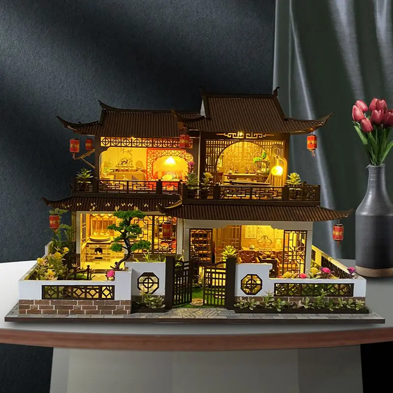 Diy Casa De Păpușă De Lemn Truse Model In Miniatura Cu Mobilier Lumini Stil Chinezesc Mari Vila Casa Vila De Păpuși Jucării Pentru Adulți Cadou1