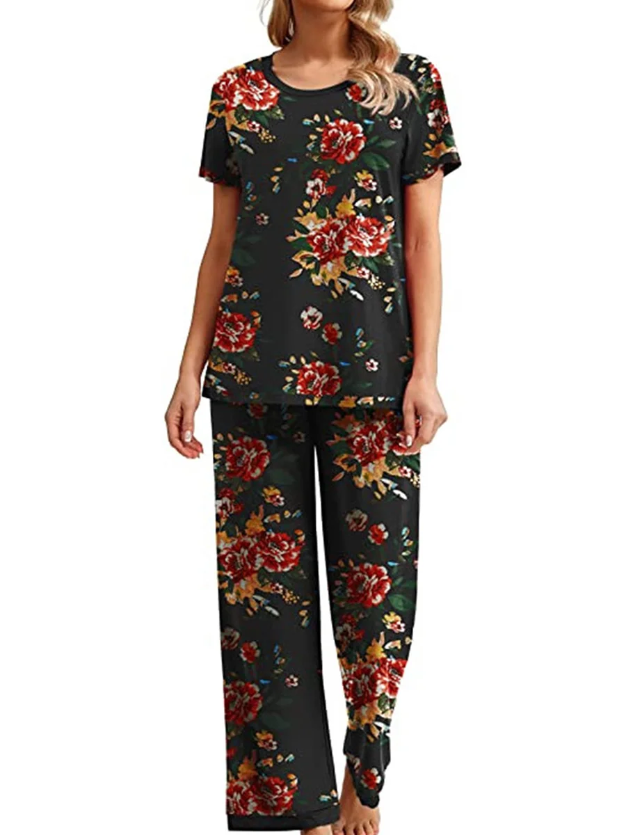 Femeile s imprimeu Floral, Maneci Scurte Set Pijama cu Elastic Pantaloni Capri - Confortabil Body pentru Soft Pijamale și îmbrăcăminte de noapte1
