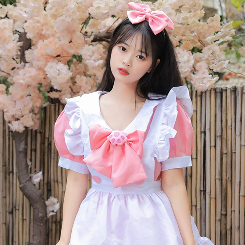 Noi Cosplay Lolita Maid Dress Super Drăguț Drăguț Roz Arc Menajera Scurt Fusta Set1