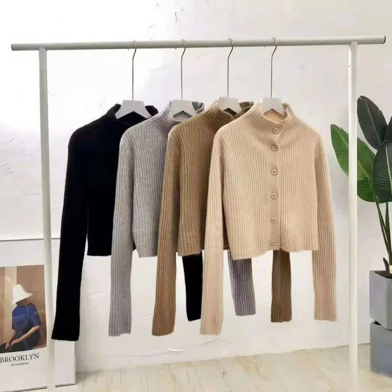 Noua versiunea coreeană maneci lungi tricotate cardigan scurt Design de top pieptul singur pulover haina1