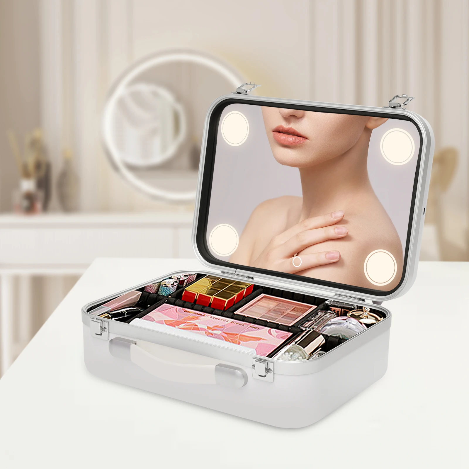 Portabile Organizator Cosmetice Machiaj Cutie de Depozitare 3-Nivel de Frumusețe Caz Multifunctional Cu LED-uri de Lumină și Oglindă1
