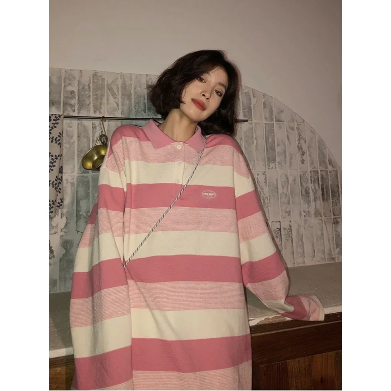 Roz Cu Dungi Tricouri Fetele Harajuku Moda Coreeană Supradimensionat Maneca Lunga Tricouri Femei Kawaii Stil Preppy Bază Tees1