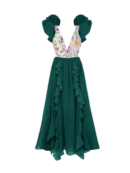Verde de Imprimare de Moda Plisate V-gât Retro Elegant Vacanță de-O bucată de costume de Baie Lungă, Acoperită Fusta 2023 Femei Model Nou