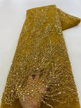 Aur Sequin Africa franceză Net Dantela Tesatura 2023 Margele lucrate Manual, de Înaltă Calitate Tul Plasă de Mireasa Nigerian Rochie de Mireasa pentru Femei